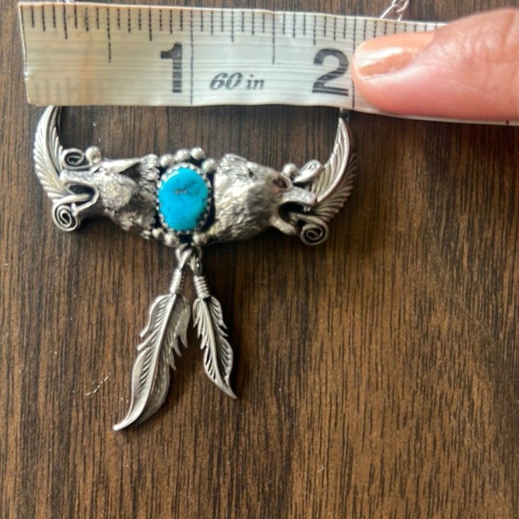 Navajo Sterling Silver and Turquoise Wolf Pendant Necklace - Picture 2 of 8